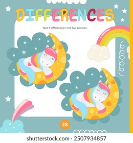 Unicorn activities for kids. Spot 5 differences. Cute pony sleeps on the moon. Vector illustration. Activity Book square format. Game to boost attention and focus.