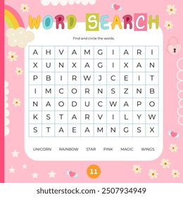 Unicorn activities for kids. Word search game. Find the hidden words. Fillword for children. Vector illustration. Book square format. Game to boost reading skills.