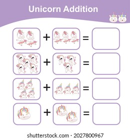 Unicorn Addition Math Game for Preschool. Counting Game Worksheet for Children. Educational printable math worksheet. Additional math games for kids. Vector illustration. 