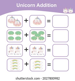 Unicorn Addition Math Game for Preschool. Counting Game Worksheet for Children. Educational printable math worksheet. Additional math games for kids. Vector illustration. 