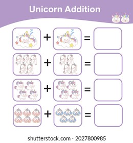 Unicorn Addition Math Game for Preschool. Counting Game Worksheet for Children. Educational printable math worksheet. Additional math games for kids. Vector illustration. 