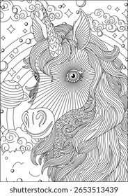 Unicorn Adult Coloring Page Fantasia Criatura Vetor