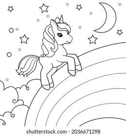 The unicorn against the background of the starry sky, the moon and clouds runs along the rainbow. Coloring book page. Vector illustration on white background