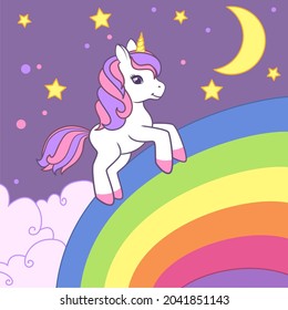 The unicorn against the background of the starry sky, the moon and clouds runs along the rainbow. Vector illustration for cards, books, t-shirts