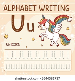 Unicorn Alphabet Tracing Worksheet Featuring Letter U