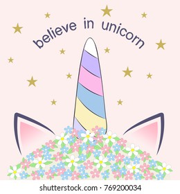 Unicorn among flowers on a dark background.  Graphics for t-shirts.