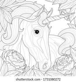 
Unicorn among peony.Coloring book antistress for children and adults. Illustration isolated on white background.Zen-tangle style.Black and white drawing