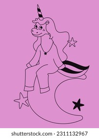 Unicorn among the stars. Fairytale character in outline style.