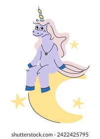 Unicorn among the stars. Fairytale character in doodle style.