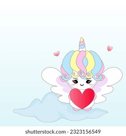 Unicorn angle cute baby unicorn with wings holding heart. Valentine, love, birthday, mother, fathers day, baby shower decoration. Copy space.
