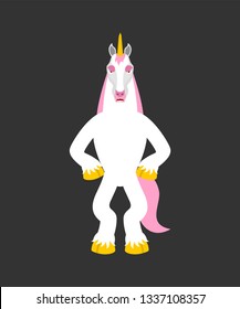 Unicorn angry. Magic horse evil emotions. Fairy Beast aggressive. Vector illustration