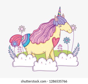 unicorn animal in the clouds with flowers and leaves