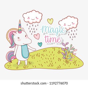 unicorn animal with clouds raining and plants