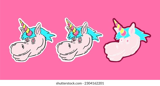 unicorn animal hand drawn illustration. logo unicorn animal and stickers. illustration unicorn flat symbol animal set