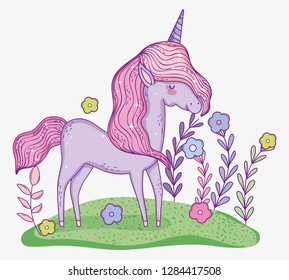 unicorn animal with horn and flowers plants