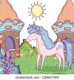 unicorn animal with houses and bushes plants