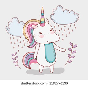 unicorn animal with plants and clouds raining