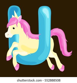 unicorn animals alphabet for kids fish letter U cartoon fun abc education in preschool, cute children zoo collection learning english language vector illustration