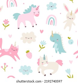 Unicorn animals cute baby pattern. Seamless vector scandinavian girly print for textile and nursery.