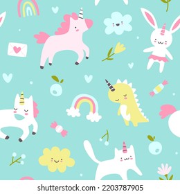 Unicorn animals cute baby pattern. Seamless vector colorful girly print for textile and nursery.