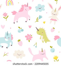 Unicorn animals cute baby pattern. Seamless vector girly print for textile and nursery.