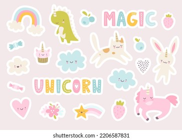 Unicorn animals stickers set. Cute baby unicorns collection. Girly kawaii sticker pack.