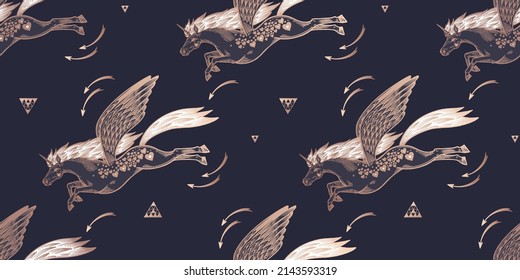 Unicorn and arrows. Horse with wings. Animal seamless pattern. Vector illustration. Vintage engraving. Dark blue and gold background. Template for wallpaper, paper, textile.