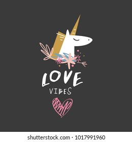 Unicorn art, label, kids style, inspirational poster, drawn heart. Decor elements, sticker, card for social networks and other, postcard. Vector, clip art. Isolated.