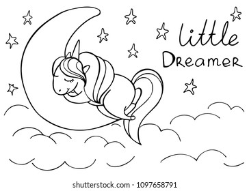 Unicorn asleeper on the moon isolated on white. Litlle dreamer. Hand drawn vector illustration. Perfect for print, coloring book, greeting card.