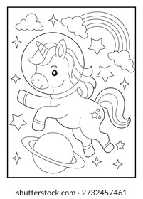Astronauta Unicornio Flotando en El Espacio para Colorear para Niños. Fondo mágico de la galaxia con las estrellas, el planeta y el arco iris.  Dibujado a mano Ilustración vectorial