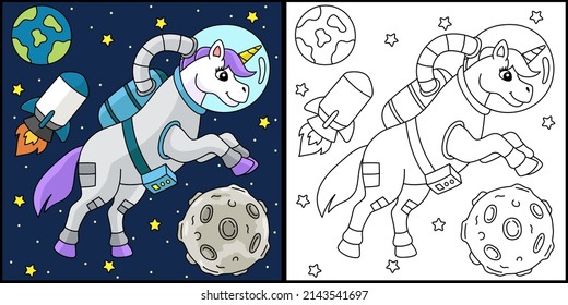 Unicorn Astronaut In Space Coloring Page Colored 