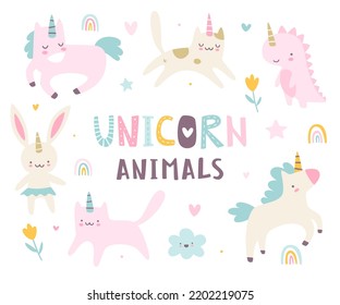 Unicorn baby animals set. Cute unicorns vector collection. Girly naive kawaii animals set.