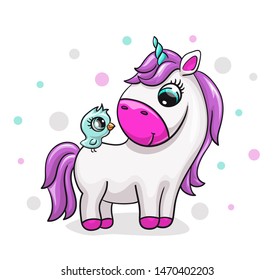 Unicorn baby with bird cute print. Sweet tiny pony. Cool animal friends with polka dot illustration for nursery t-shirt, kids apparel, birthday card, invitation. Good for pajamas and playroom decor
