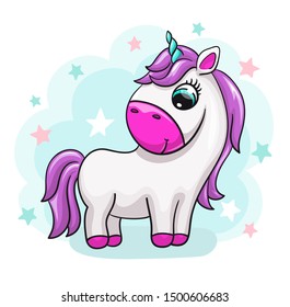 Unicorn baby cute print. Sweet tiny pony. Cool animal with star background illustration for nursery t-shirt, kids apparel, birthday card, invitation. Good for girly pajamas and playroom decor