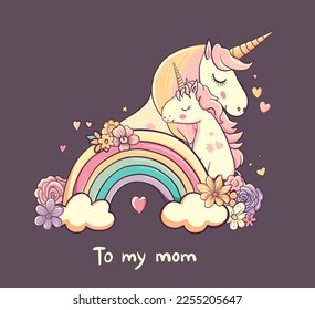 Unicorn with baby, flowers, hearts. Mothers day card, text To my mom. Beautiful cartoon character mother and baby together. Pretty animals with horns. Vector illustration for holiday unicorns design  svg