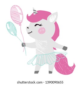 Unicorn baby girl cute print. Sweet pony with magic wand, crown, ballet tutu, pointe shoes. Cool animal illustration for nursery t-shirt, kids apparel, birthday card, invitation. Simple child design