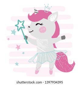 Unicorn baby girl cute print. Sweet pony with magic wand, ballet skirt, crown on striped background. Cool animal illustration for nursery, t-shirt, kids apparel, birthday card. Simple girly design