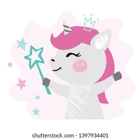 Unicorn baby girl cute print. Sweet pony with magic wand, crown. Cool animal illustration for nursery wallpaper, t-shirt, kids apparel, birthday card. Be unicorn slogan