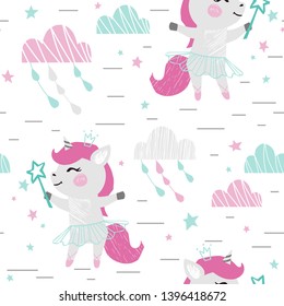 Unicorn baby girl cute seamless pattern. Sweet pony with magic wand, bow, tutu, pointe. Cool animal illustration for nursery wallpaper, t-shirt, kids apparel, baby print, party. Simple girly design