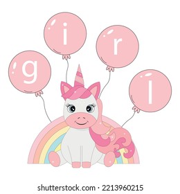 Unicorn baby with pink hair. Balloons with the text girl.