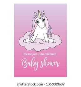 Unicorn baby shower invitation card design, lovely little pony girl sitting on cloud, vector illustration. Colorful template for poster, birthday, baby arrival, baby shower, gender reveal card, etc.
