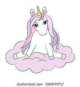 Unicorn baby, sitting on cloud, with nice hair mane, lovely little pony girl. Pastel color light vector illustration in cartoon style for poster, birthday, baby shower card, kids clothes print, etc.