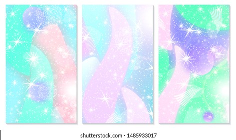 Unicorn background. Fairy pattern. Mermaid rainbow. Holographic magic stars. Cover set. Fantasy galaxy print. Rainbow unicorn light.