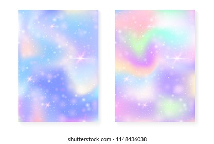 Unicorn background with kawaii magic gradient. Princess rainbow hologram. Holographic fairy set. Fluorescent fantasy cover. Unicorn background with sparkles and stars for cute girl party invitation.