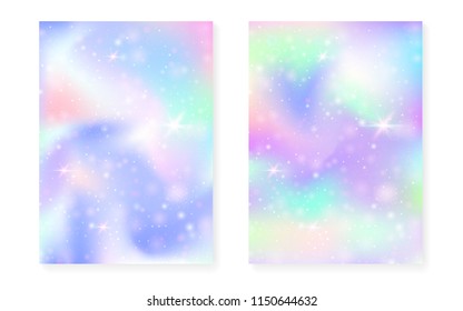 Unicorn background with kawaii magic gradient. Princess rainbow hologram. Holographic fairy set. Mystical fantasy cover. Unicorn background with sparkles and stars for cute girl party invitation.