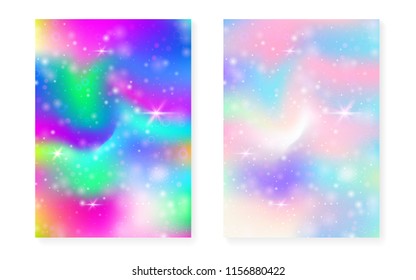 Unicorn background with kawaii magic gradient. Princess rainbow hologram. Holographic fairy set. Multicolor fantasy cover. Unicorn background with sparkles and stars for cute girl party invitation.