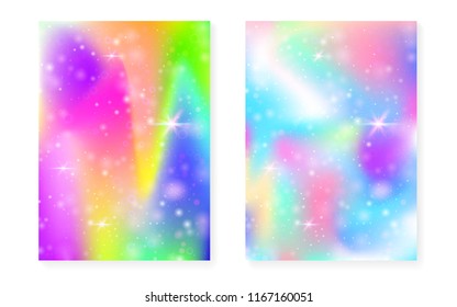 Unicorn background with kawaii magic gradient. Princess rainbow hologram. Holographic fairy set. Creative fantasy cover. Unicorn background with sparkles and stars for cute girl party invitation.