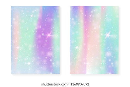 Unicorn background with kawaii magic gradient. Princess rainbow hologram. Holographic fairy set. Creative fantasy cover. Unicorn background with sparkles and stars for cute girl party invitation.