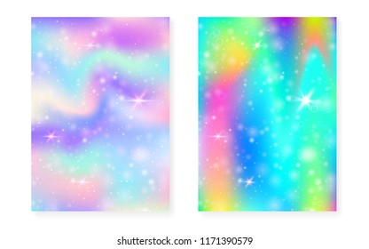 Unicorn background with kawaii magic gradient. Princess rainbow hologram. Holographic fairy set. Mystical fantasy cover. Unicorn background with sparkles and stars for cute girl party invitation.