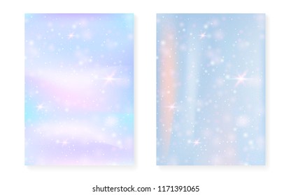 Unicorn background with kawaii magic gradient. Princess rainbow hologram. Holographic fairy set. Fluorescent fantasy cover. Unicorn background with sparkles and stars for cute girl party invitation.